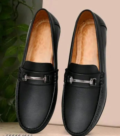Men's black faux leather driving penny loafers and boat shoes from Drpshippr's Hugh-01 collection, featuring slip-on design and stylish details.