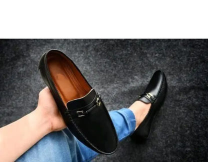 Men's Hugh-01 black faux leather driving penny loafers and boat shoes from Drpshippr, showcasing sleek slip-on design and classic style.