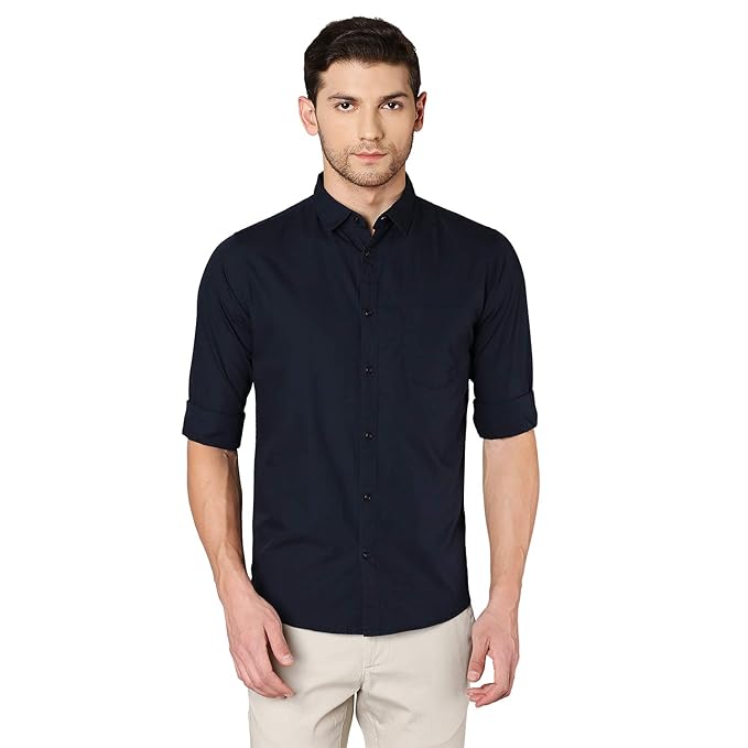 Navy Mens Slim fit Solid Casual Cotton Shirt