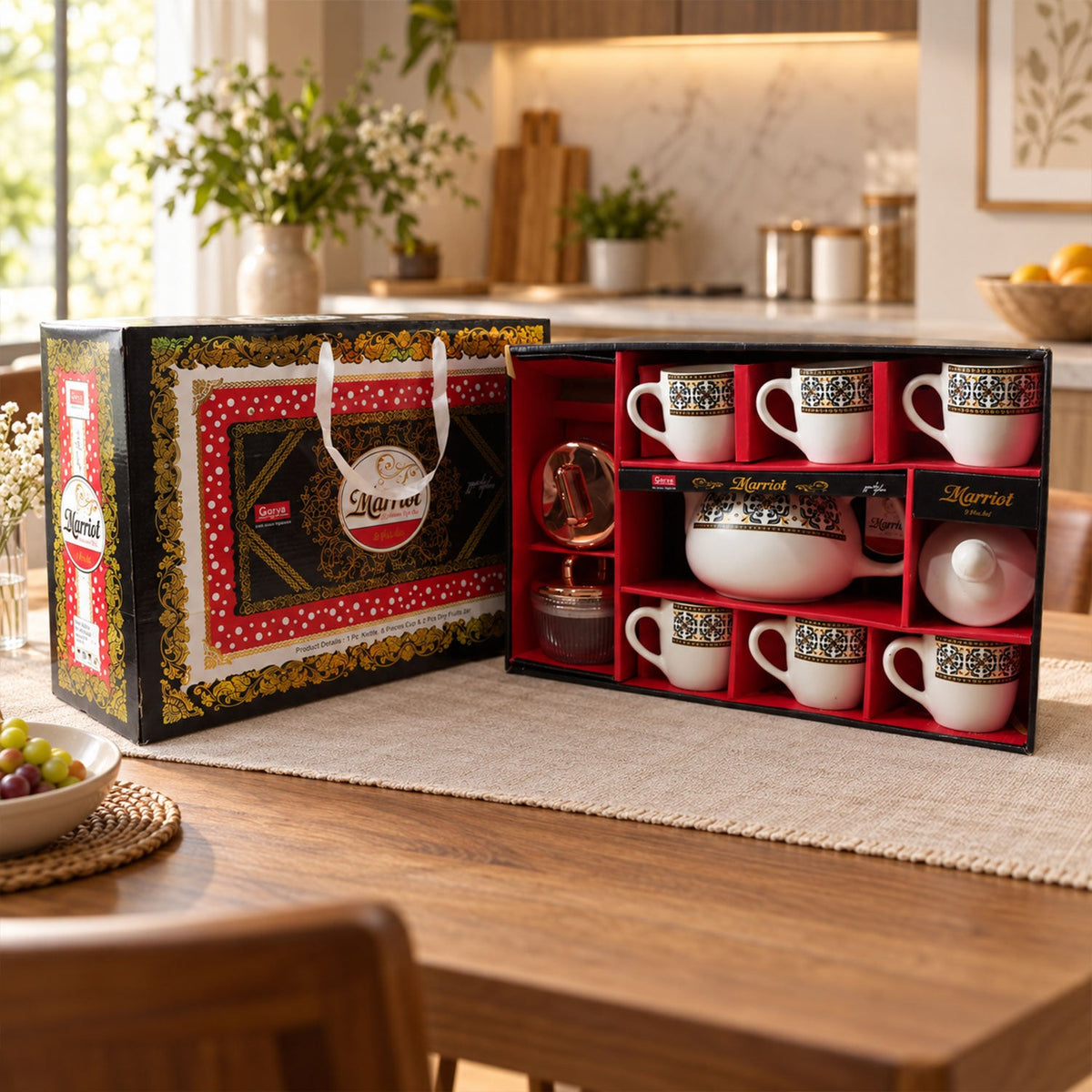 Wukusy tea gift set with kettle, six cups, and two dry fruit jars arranged neatly on a table.