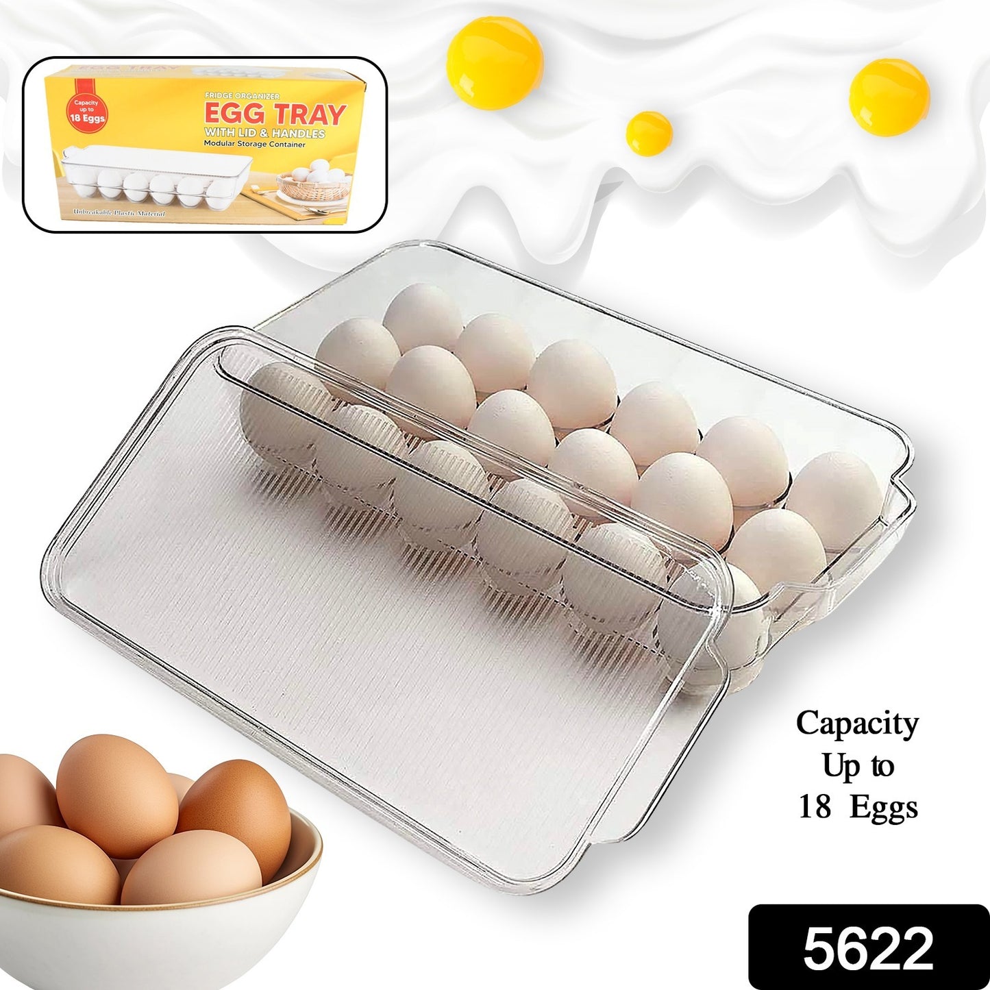 Wukusy plastic 18-cavity egg storage box with lid and handles, rectangular refrigerator egg tray for 18 eggs, high quality kitchen storage