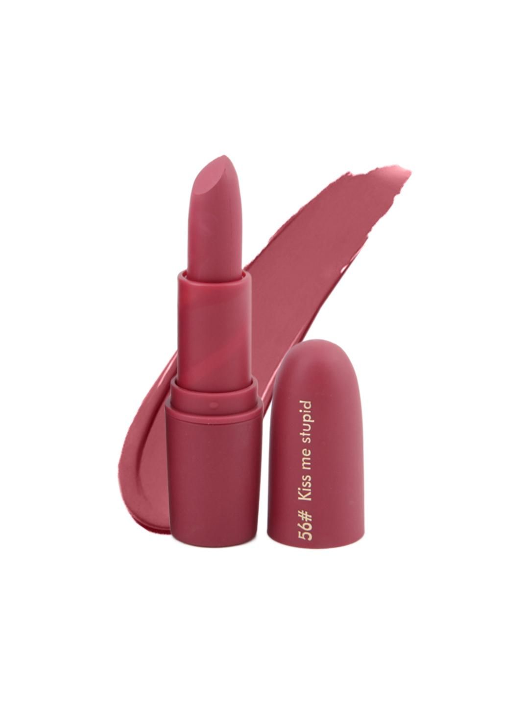Miss Rose matte finish bullet lipstick shade Kiss Me Stupid in sleek black tube, showing vibrant pink color and product branding.