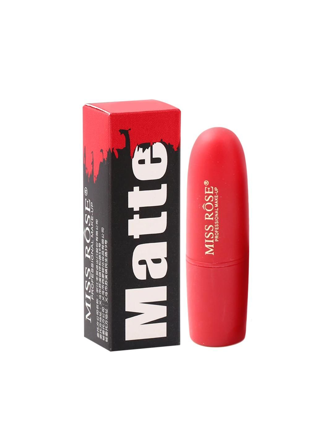 Miss Rose matte finish bullet lipstick in Passion shade, natural pink hue, showcasing the sleek lipstick tube and color swatch.