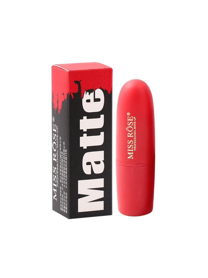 Miss Rose matte finish bullet lipstick in Passion shade, natural pink hue, showcasing the sleek lipstick tube and color swatch.