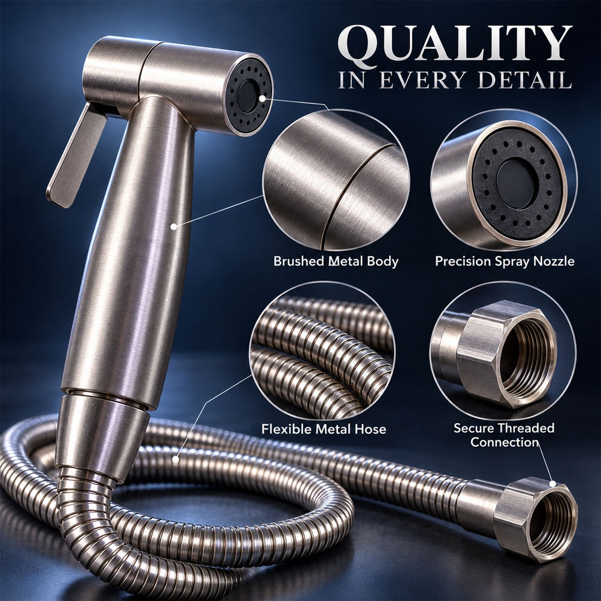 Wukusy handheld health faucet toilet jet spray with hose and wall holder, positioned on a bathroom wall for hygienic cleaning.