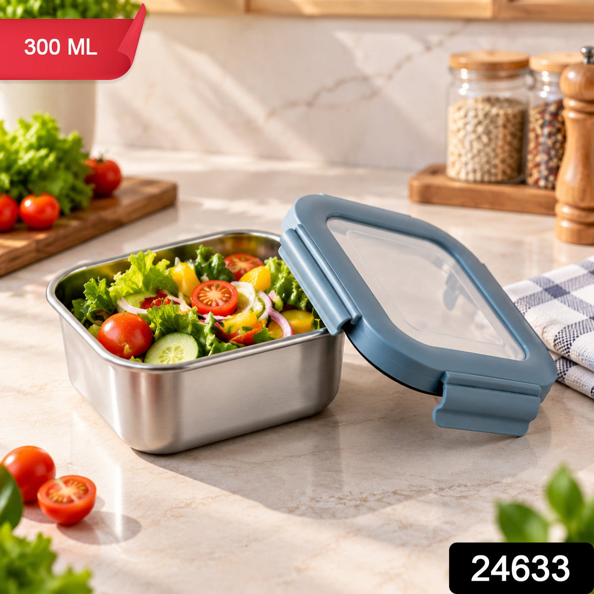 Apex Square Steel Food Container by Wukusy with a clip lock lid, 300ml capacity, shown with the secure lid on a clean surface.