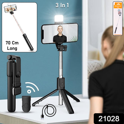 Wukusy 3-in-1 Wired Selfie Stick with 70cm extendable handle and ergonomic grip for photos and videos.