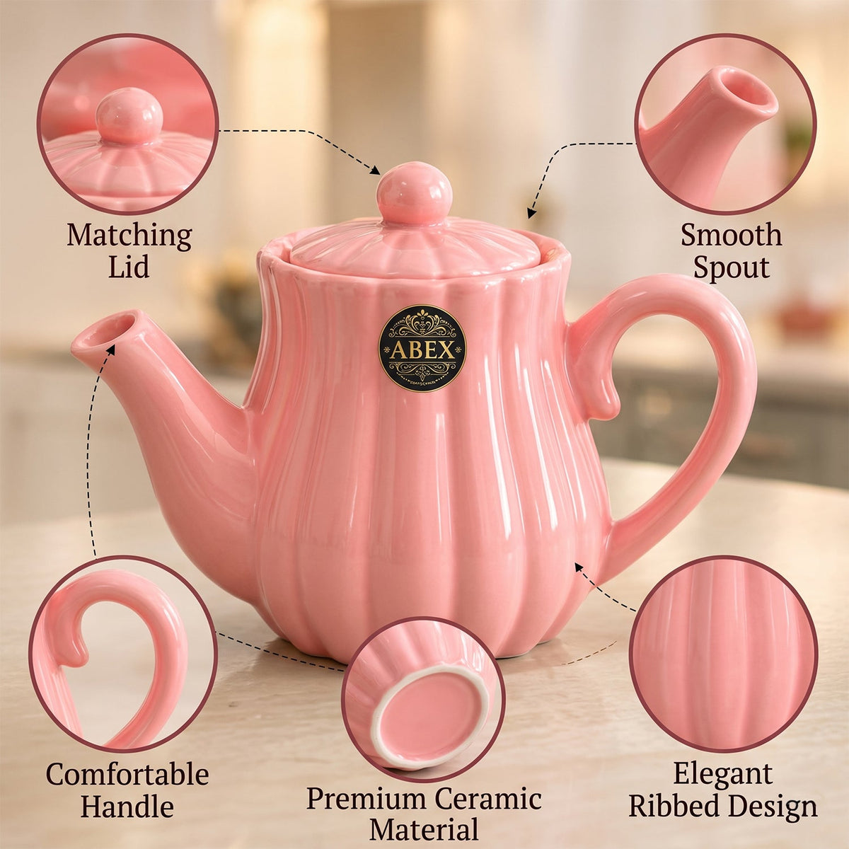 Wukusy ribbed ceramic tea set with teapot and four cups for serving and gifting, featuring a textured design.