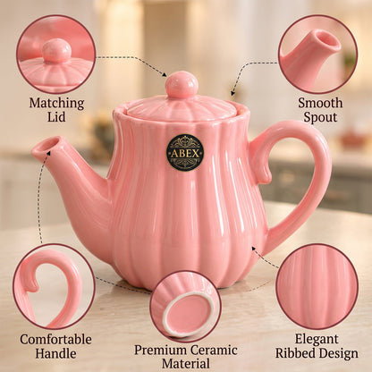 Wukusy ribbed ceramic tea set with teapot and four cups for serving and gifting, featuring a textured design.