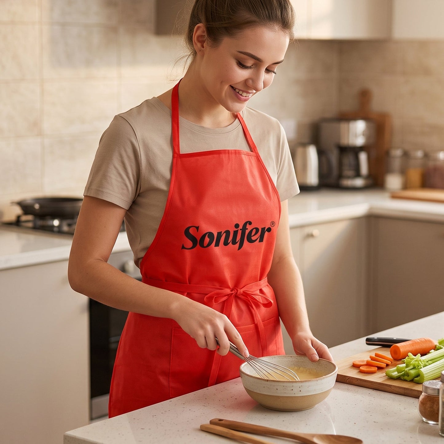 Wukusy reusable cooking apron with front pocket and adjustable neck strap, made of durable fabric for kitchen or grilling use.