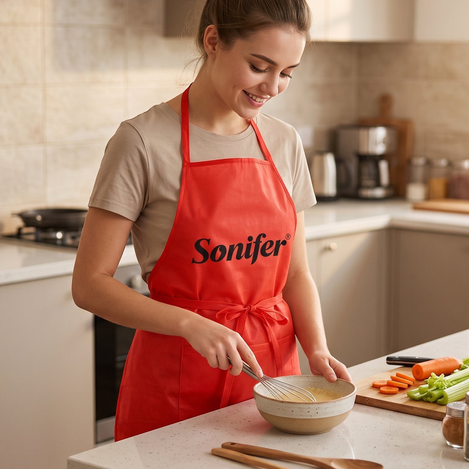 Wukusy reusable cooking apron with front pocket and adjustable neck strap, made of durable fabric for kitchen or grilling use.
