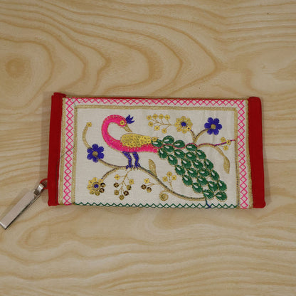 Traditional peacock embroidered clutch wallet by Wukusy with zip closure, featuring detailed peacock embroidery and compact design.