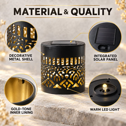 Decorative solar LED lamp by Wukusy with mandala pattern, ideal for patio and garden lighting, illuminated at night