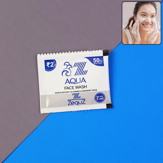 Wukusy Zequz Aqua Face Wash Sachet, 5ml, single packet, showing the sachet with blue and white packaging design.