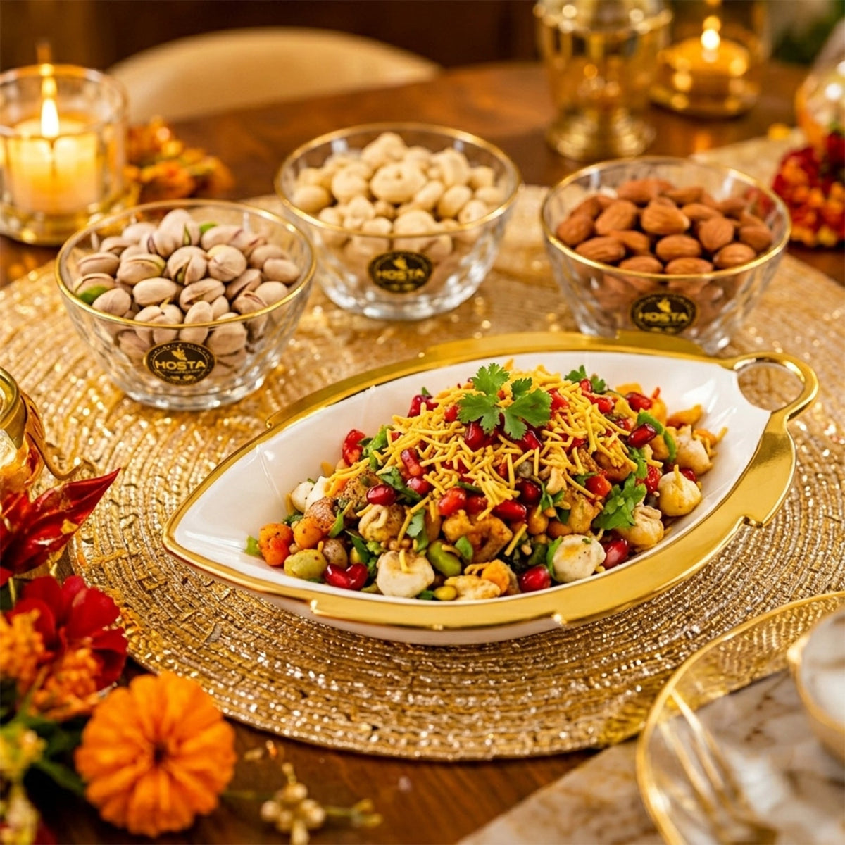Glass Bowl  Leaf Platter Gift Set For Dry Fruits  Snack Serving (5 In 1)