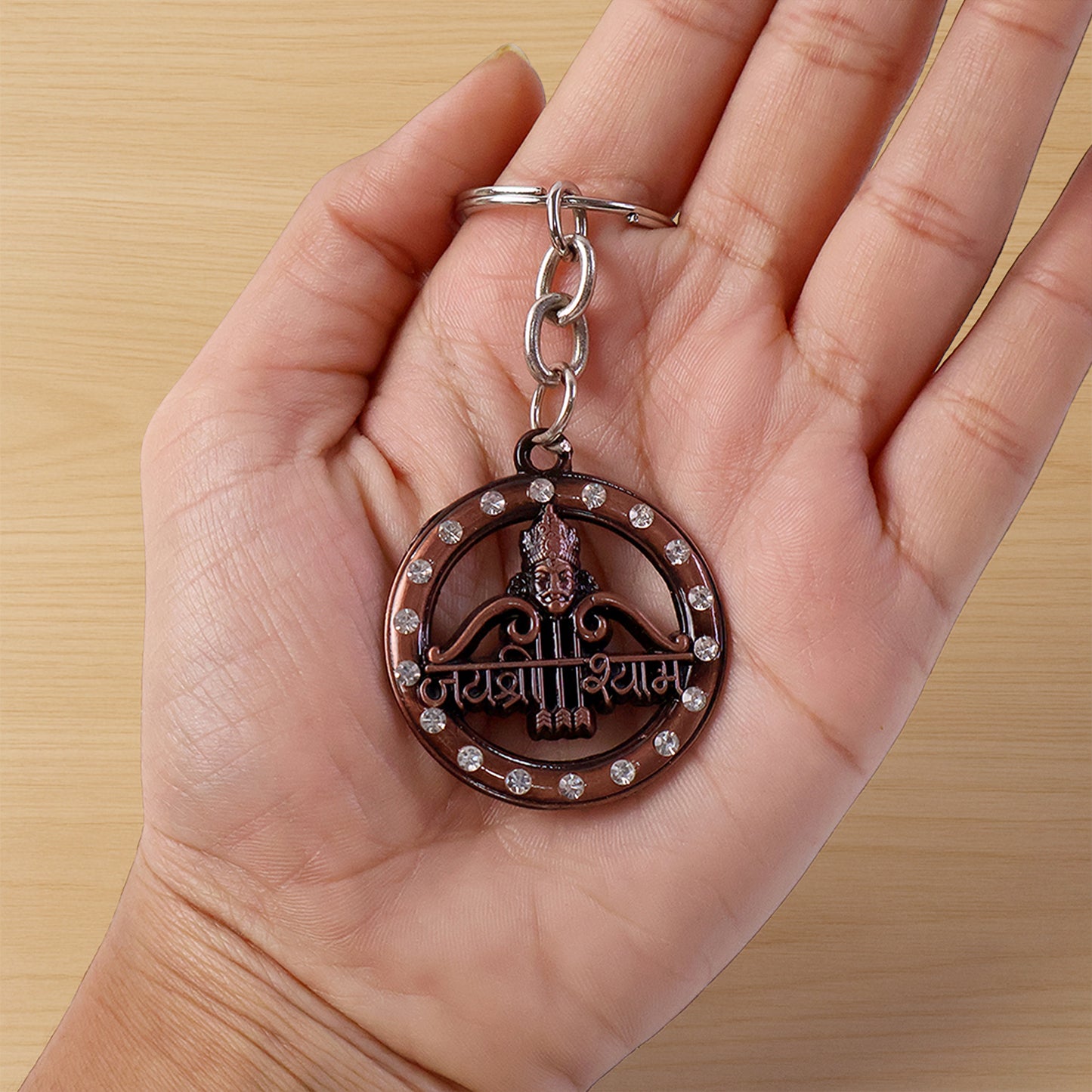 Decorative metal Jai Shree Shyam keychain from Wukusy, featuring intricate design and craftsmanship, ideal for key organization.