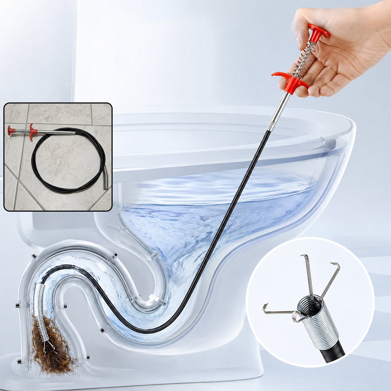 Wukusy premium spring drain dredging tool, 63-inch sink cleaner claw grabber for removing debris from drains.