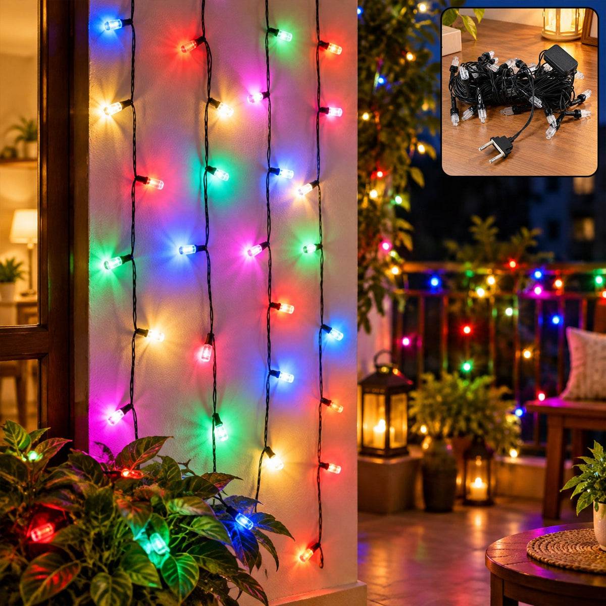 Wukusy decorative LED string lights, 8 meters long, illuminated for festive home and window decor with warm white bulbs.