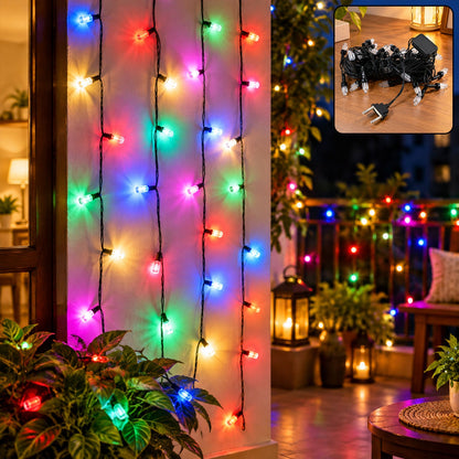 Wukusy decorative LED string lights, 8 meters long, illuminated for festive home and window decor with warm white bulbs.