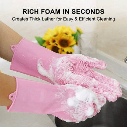Pink Silicone Cleaning Gloves With Scrubbing Bristles For Kitchen Washing (1 Pair)