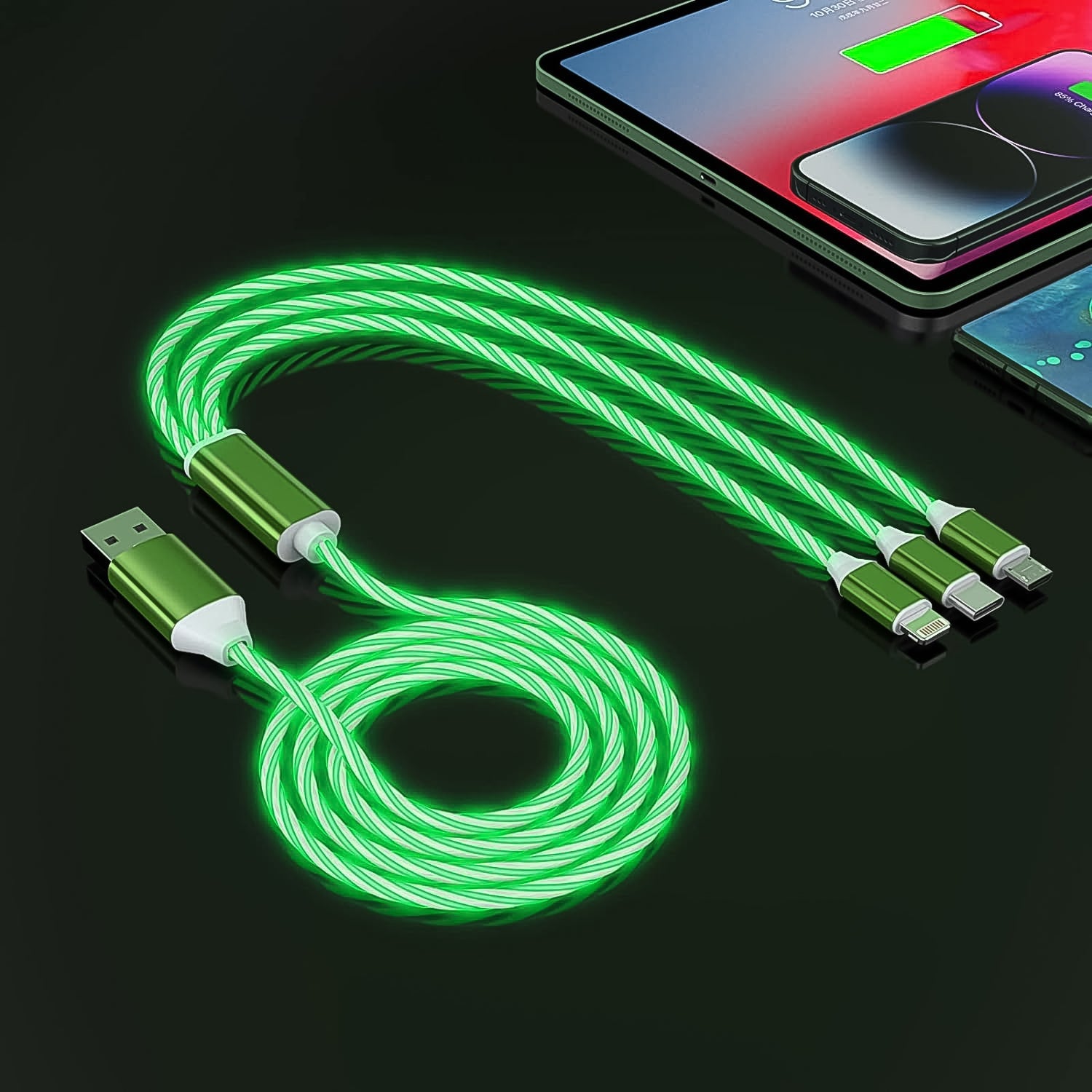 Wukusy 3-in-1 charging cable with LED light, multi-device fast charger for smartphones and tablets, mobile accessories for quick charging
