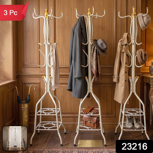 Wukusy metal floor standing coat rack with bottom storage shelf, featuring hooks for coats and accessories in a modern design