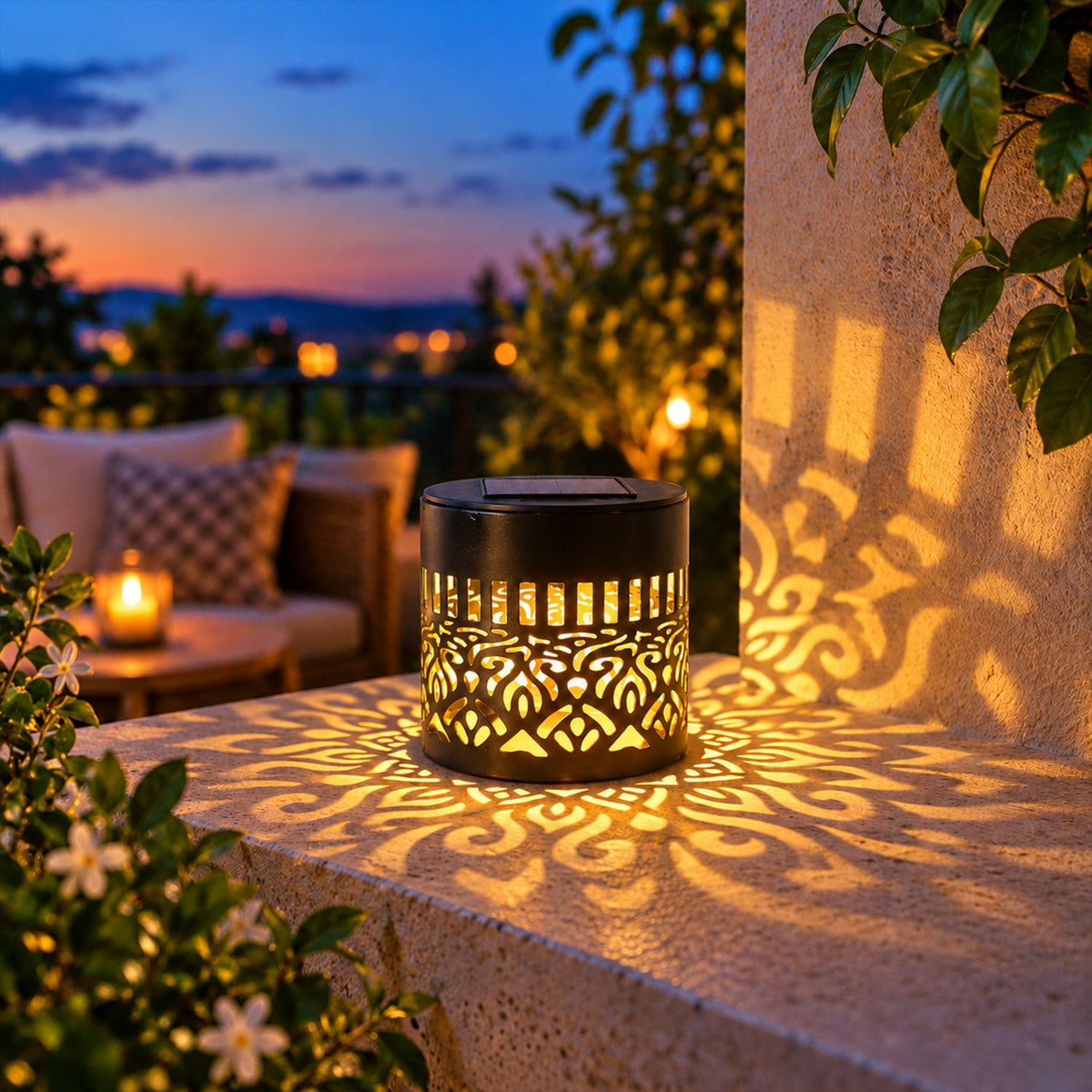 Decorative solar LED lamp with mandala pattern by Wukusy, ideal for patio and garden ambiance lighting.
