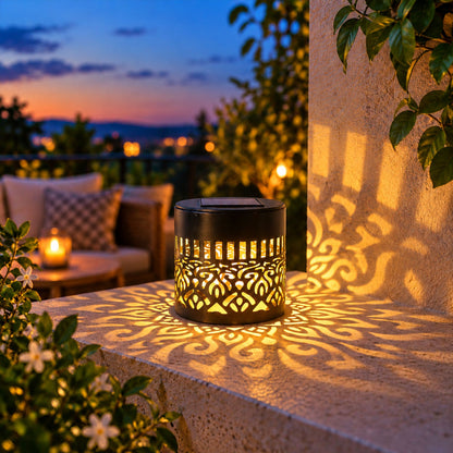 Decorative solar LED lamp with mandala pattern by Wukusy, ideal for patio and garden ambiance lighting.