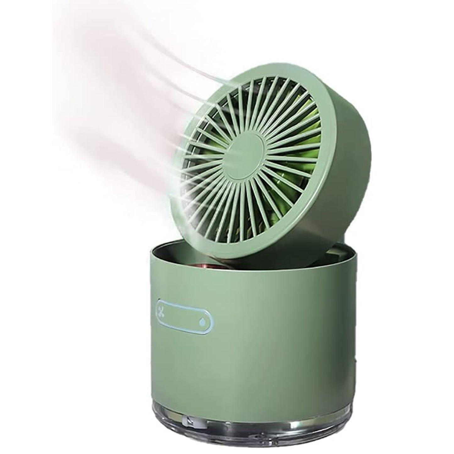 Wukusy 7615 mini desktop cooling fan with rotating head, spray humidifier, small water tank, ideal for home cooling.