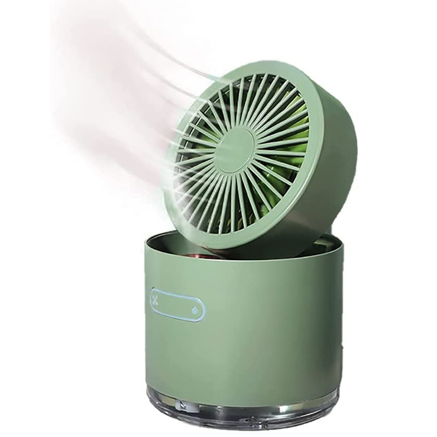 Wukusy 7615 mini desktop cooling fan with rotating head, spray humidifier, small water tank, ideal for home cooling.