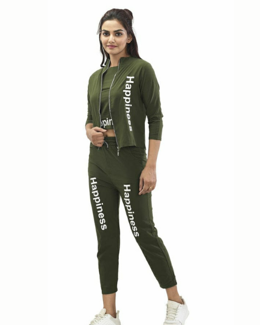 Green women's track suit 3-piece set from Drpshippr, featuring a stylish athletic jacket, pants, and matching top.