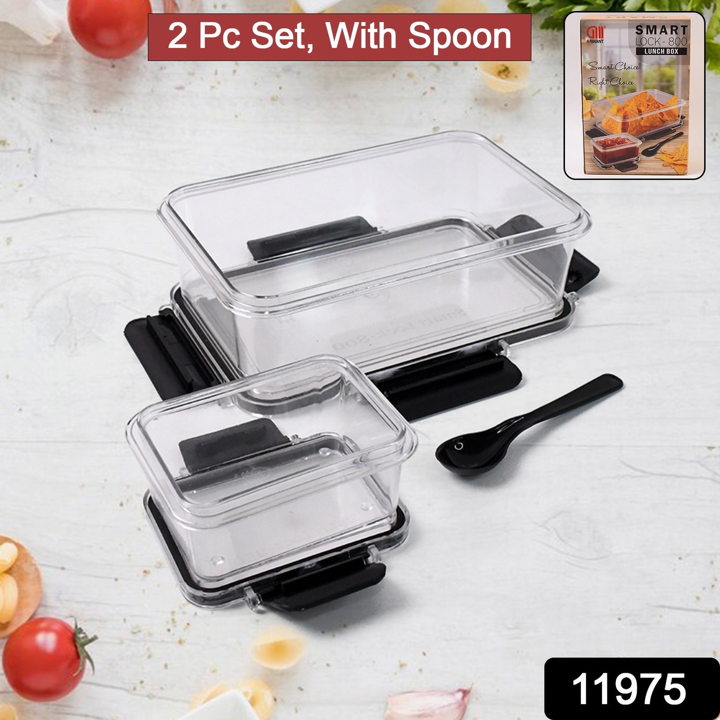 Wukusy plastic kitchen storage containers with air seal lock lids, 800 ml and 250 ml sizes, includes a spoon for convenient use