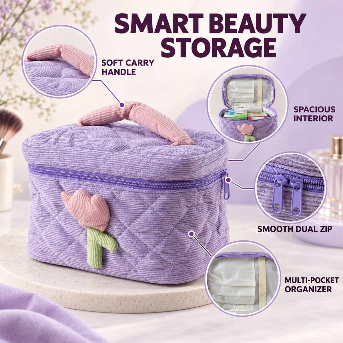 Wukusy reusable quilted bento bag with handle and storage pockets, 21x15 cm, designed for lunch and snack transport.