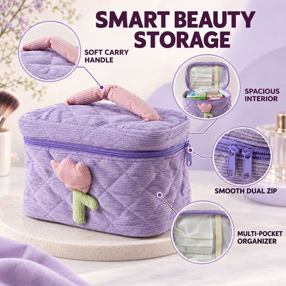 Wukusy reusable quilted bento bag with handle and storage pockets, 21x15 cm, designed for lunch and snack transport.
