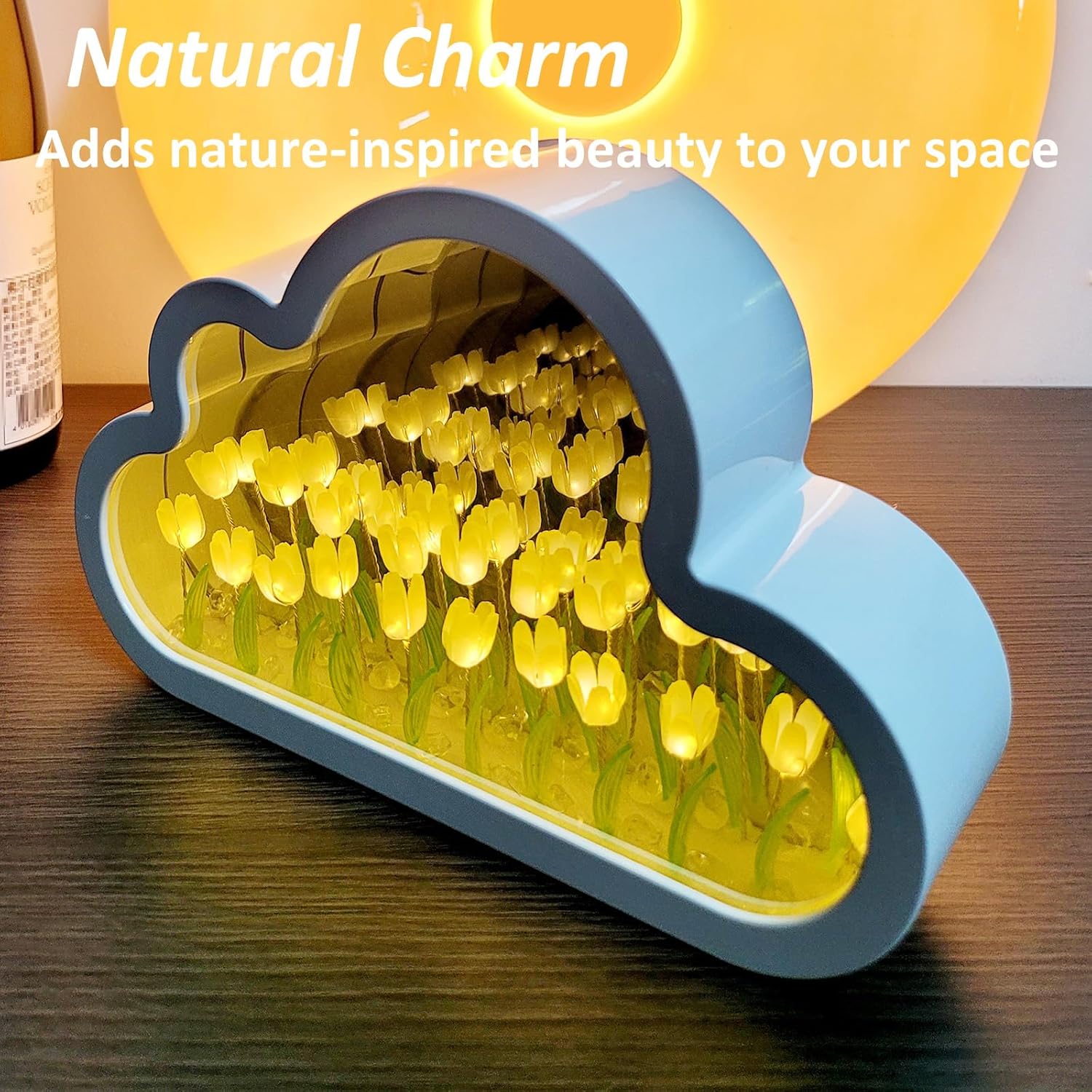 Cloud-shaped night light with mirror and tulip design, decorative table lamp for home decor and ambient lighting.