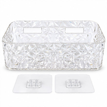 Wukusy diamond design bathroom wall rack for toiletries and cosmetics, mounted on tiled bathroom wall with bottles and accessories