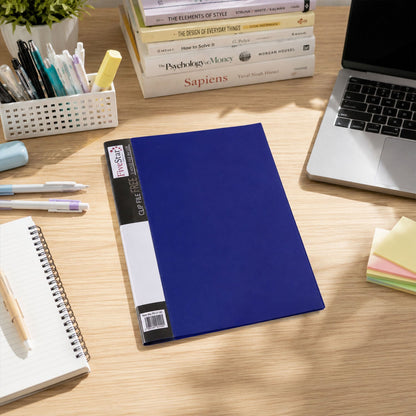 Wukusy A4 plastic clip file folder with inner pockets for office document storage, showing the folder open with papers inside.