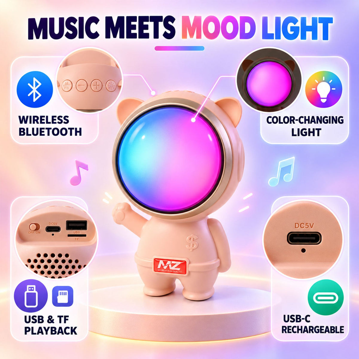 Astronaut Wireless Bluetooth Speaker With Color Changing Light And Usb-c Bis Certified (1 Pc)