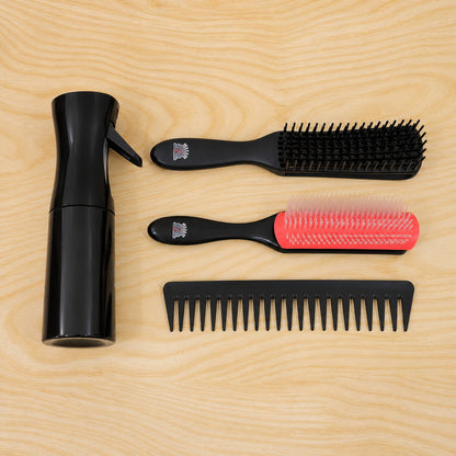 Wukusy 4-in-1 hair grooming set including spray bottle, brushes, and wide-tooth comb for styling and detangling hair.