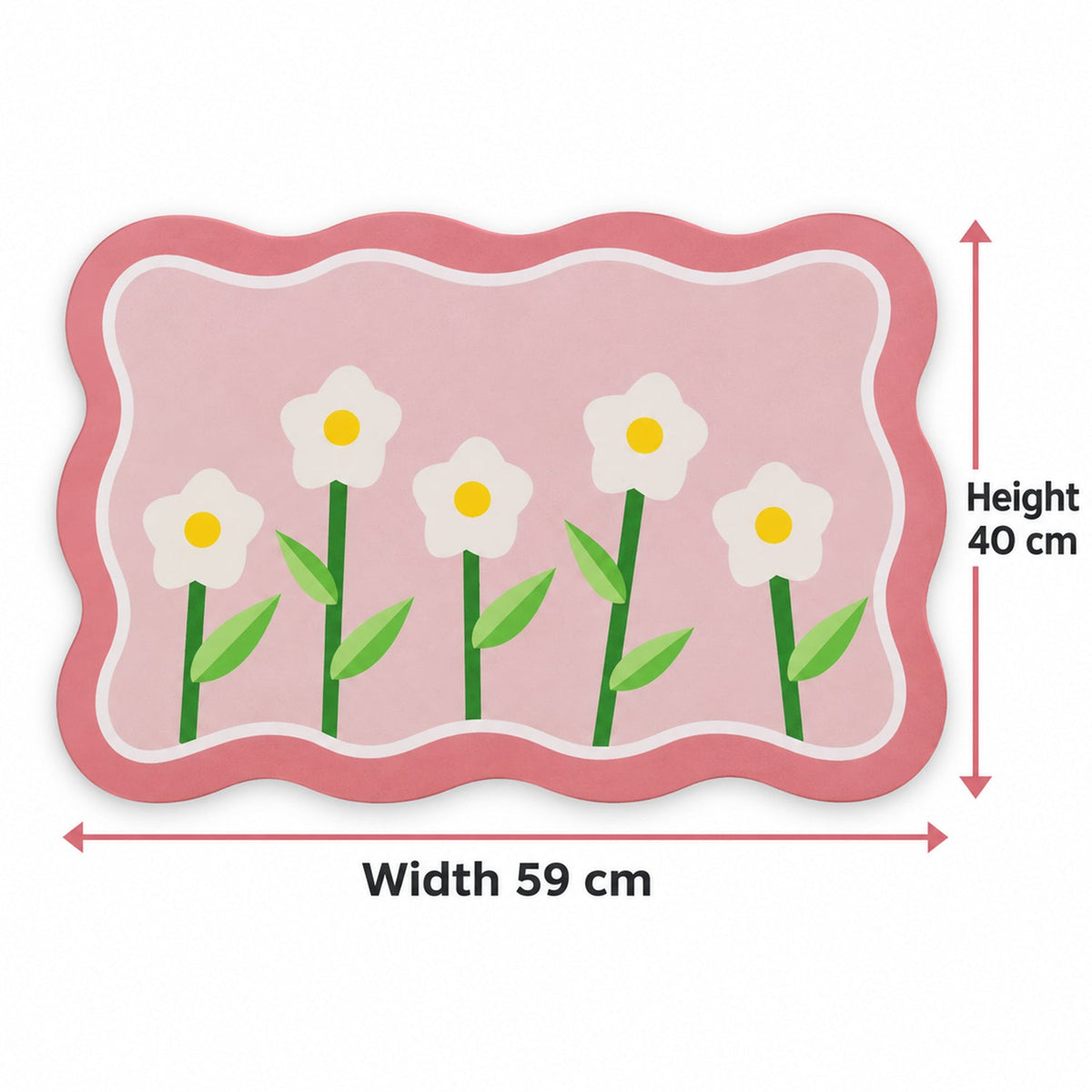 Decorative floral bathroom floor mat with wavy border design by Wukusy, 59x40 cm, featuring vibrant flower patterns and soft fabric.