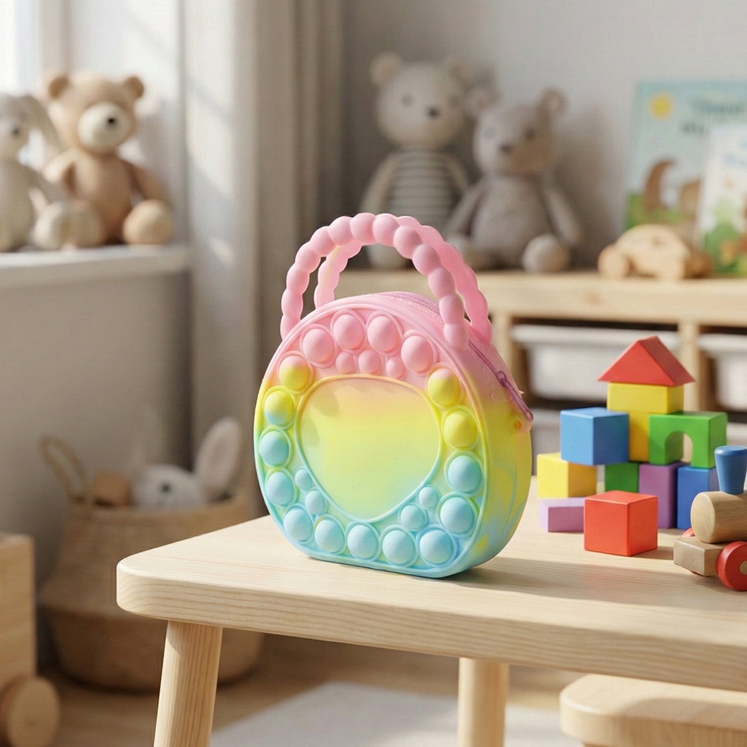 Rainbow round silicone Pop It coin purse by Wukusy, featuring colorful sensory bubbles and a compact, soft silicone design.