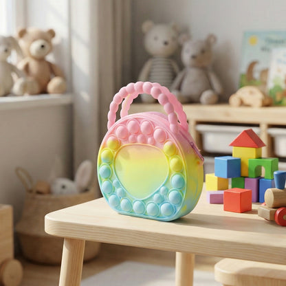 Rainbow round silicone Pop It coin purse by Wukusy, featuring colorful sensory bubbles and a compact, soft silicone design.