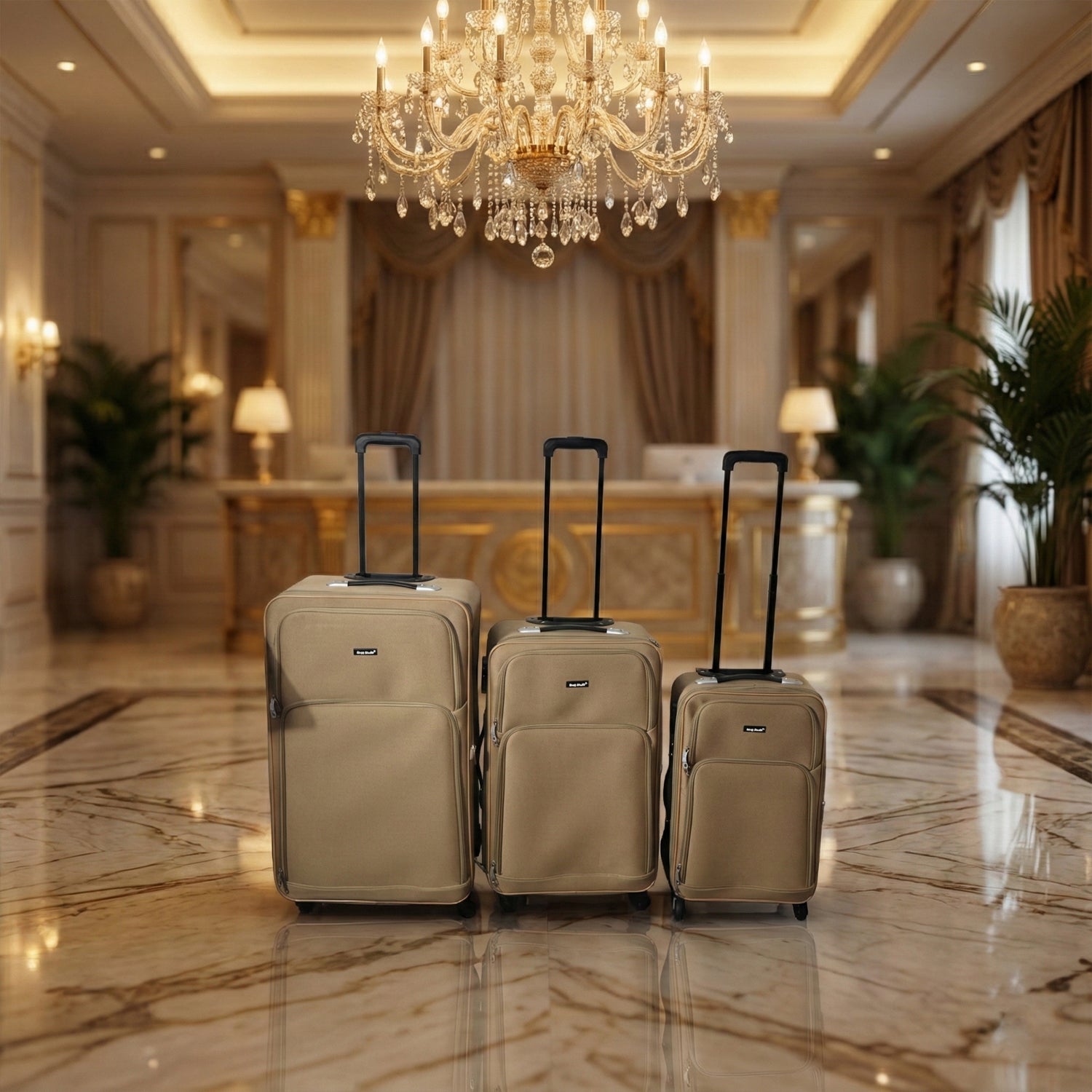 Wukusy 3-in-1 soft side trolley luggage set with three different-sized suitcases, featuring wheels and retractable handles.