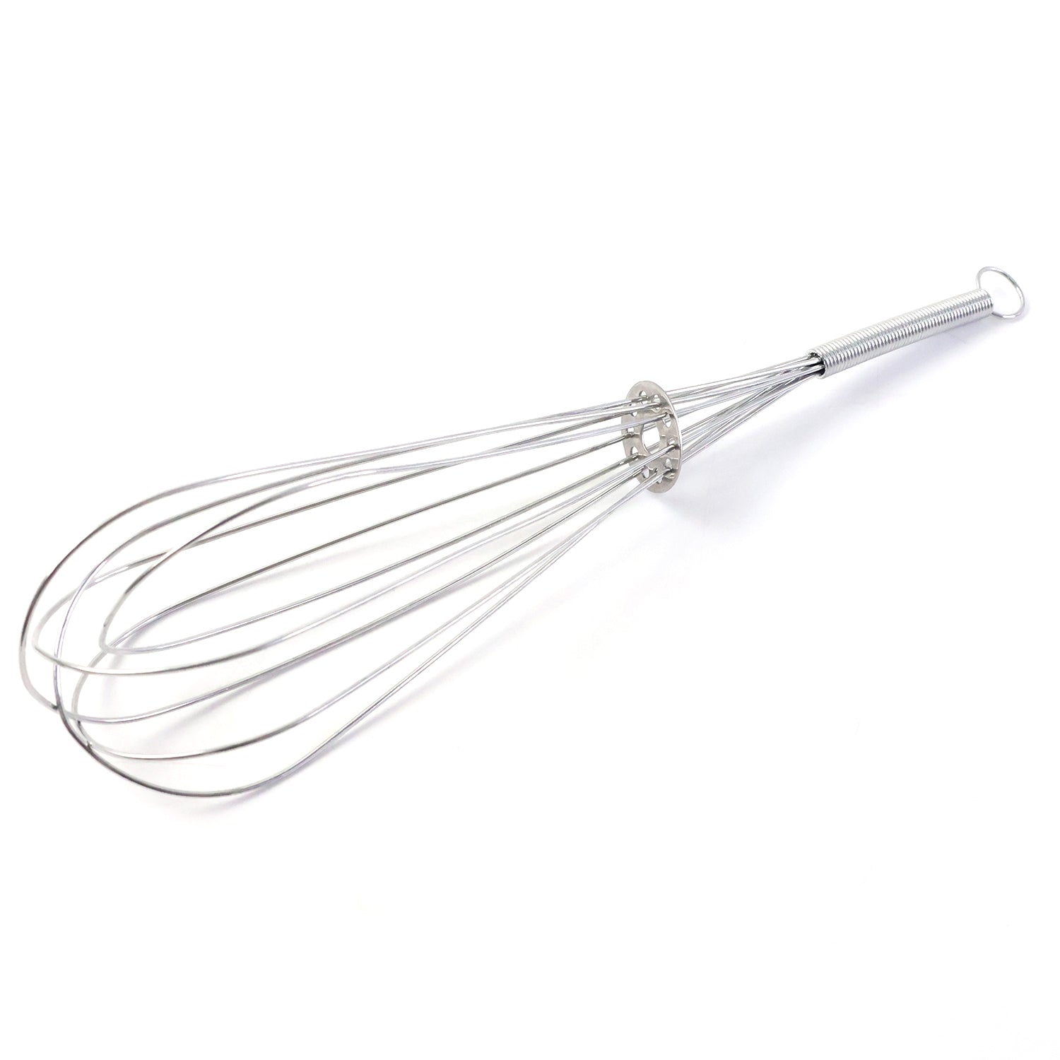 Stainless steel manual egg beater whisk by Wukusy with a comfortable handle for mixing eggs and batter.