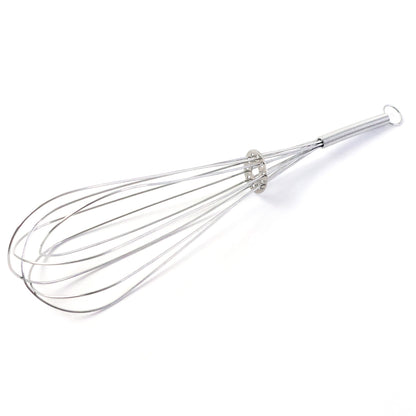Stainless steel manual egg beater whisk by Wukusy with a comfortable handle for mixing eggs and batter.
