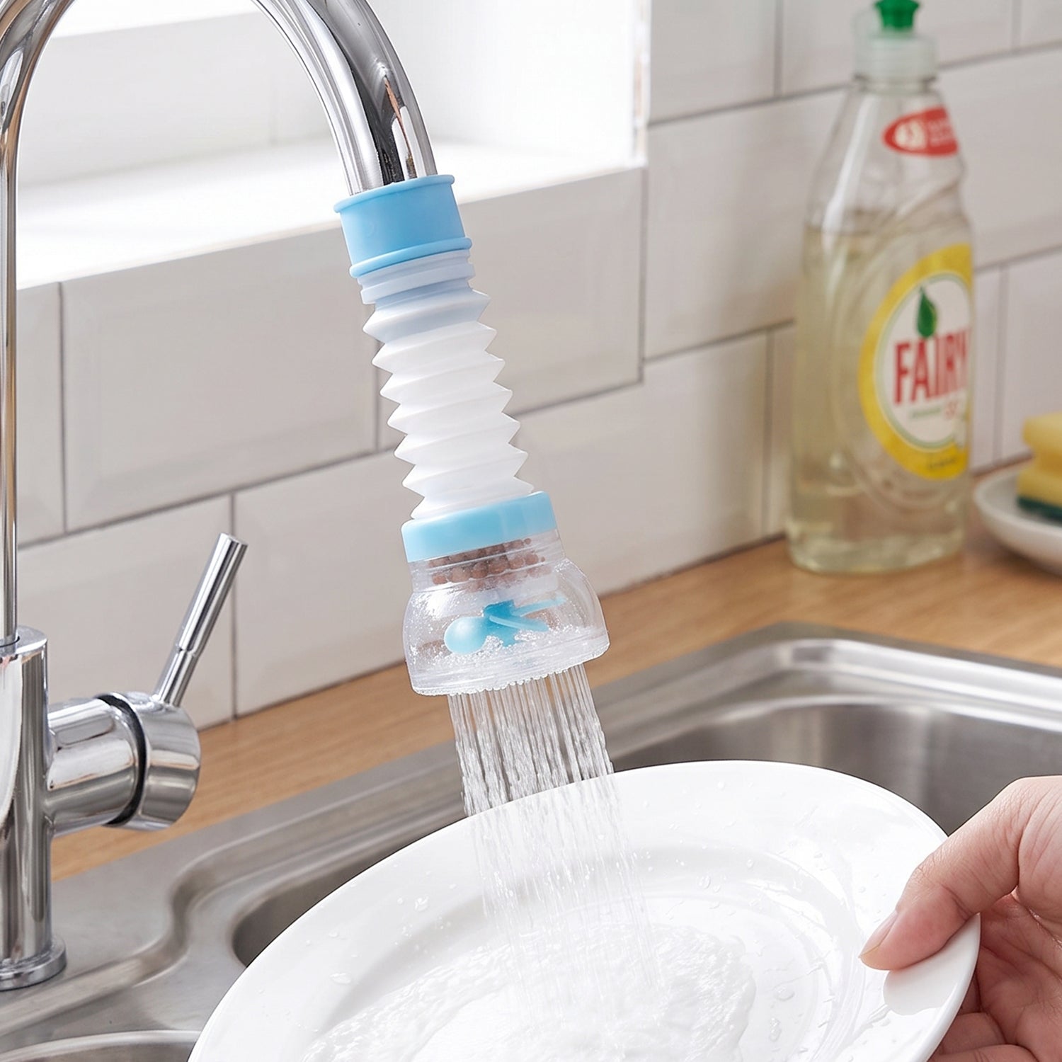 Wukusy plastic faucet water filter aerator installed on kitchen sink tap, splash-free water flow, compact and easy to attach.