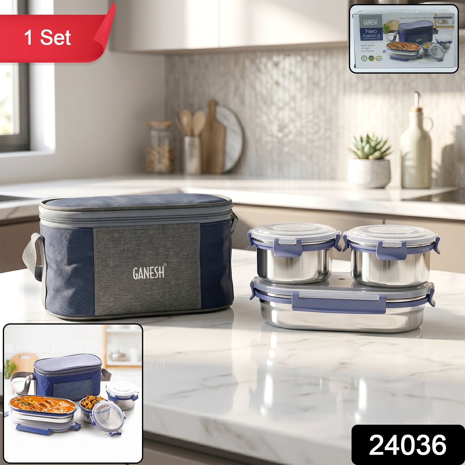 Ganesh Neo Fusion 3 Stainless Steel Lunch Box Set (1 Set)