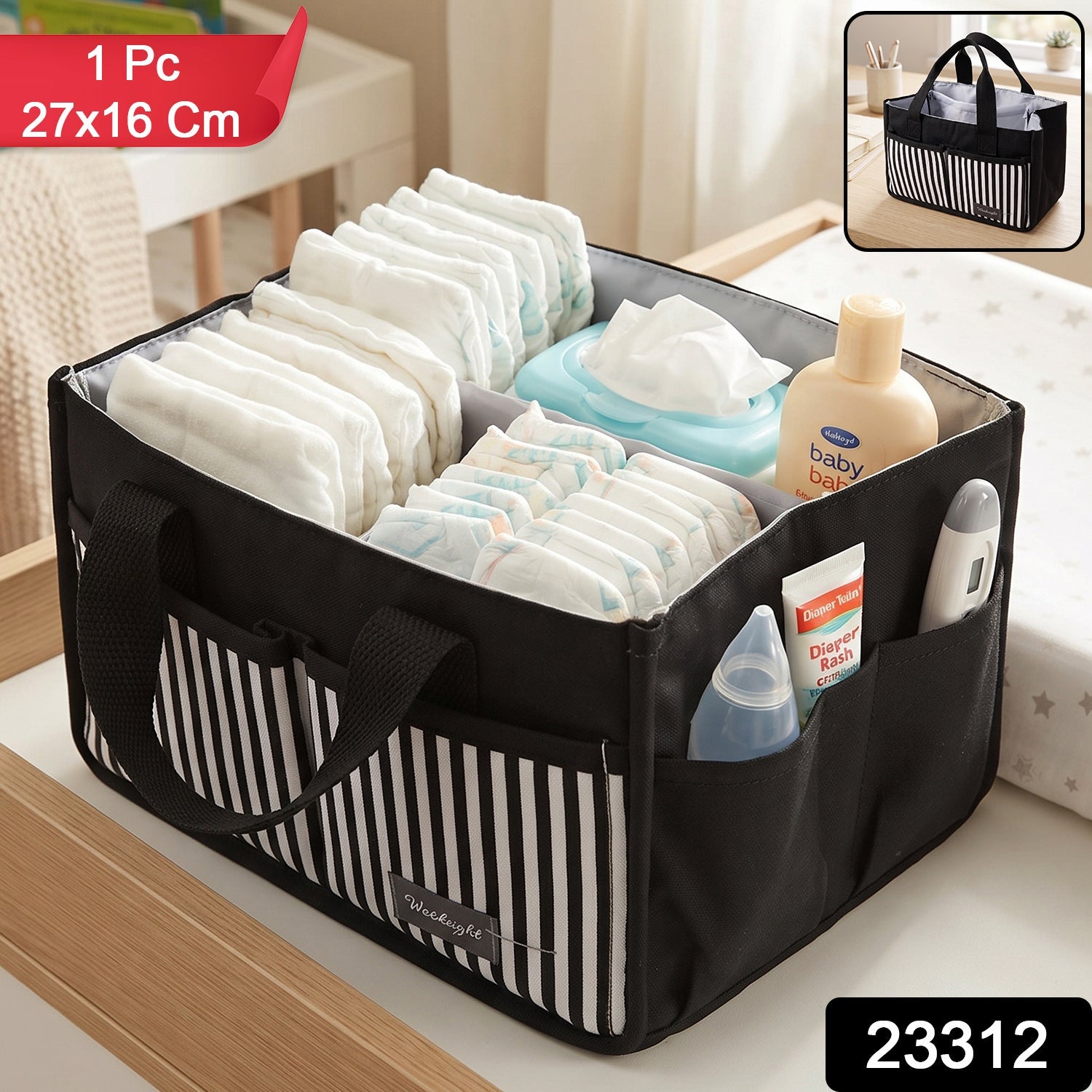 Wukusy multipurpose travel organizer bag with handles, 27x16 cm, shown with multiple compartments for toiletries and accessories.