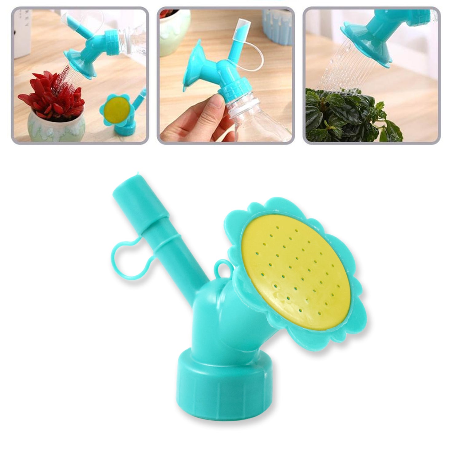Wukusy universal plastic water bottle sprinkler head nozzle attached to a water bottle for garden watering.