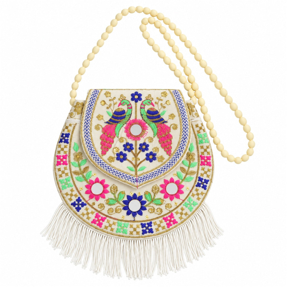 Traditional peacock embroidered fringe jute purse by Wukusy, 24x24 cm, featuring intricate peacock embroidery and decorative fringe.